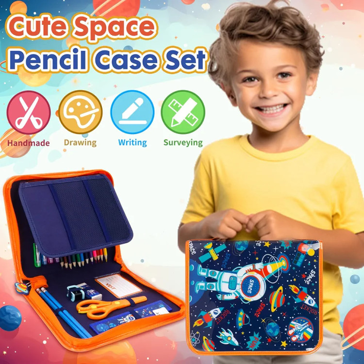 کودک در حال مرتبسازی مدادها داخل کیف لوازم تحریر