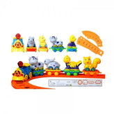 لوکوموتیو زرد با دودکش متحرک و واگنهای رنگی با خرس، سگ و خرگوش