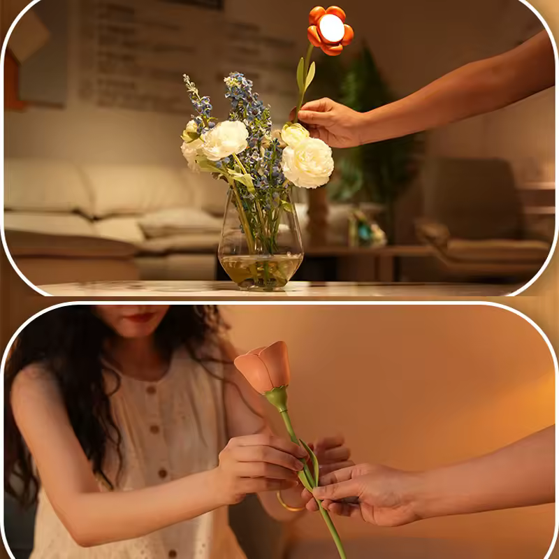 چراغ خواب شارژی طرح گل با گلدان‌های رنگی و گل‌های فانتزی