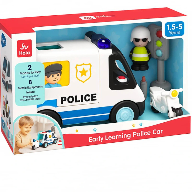 ماشین پلیس هولیتویز همراه با تجهیزات ترافیکی و افسر کوچک؛ مناسب آموزش و بازی تخیلی کودکان ۱۸ ماه تا ۵ سال.
