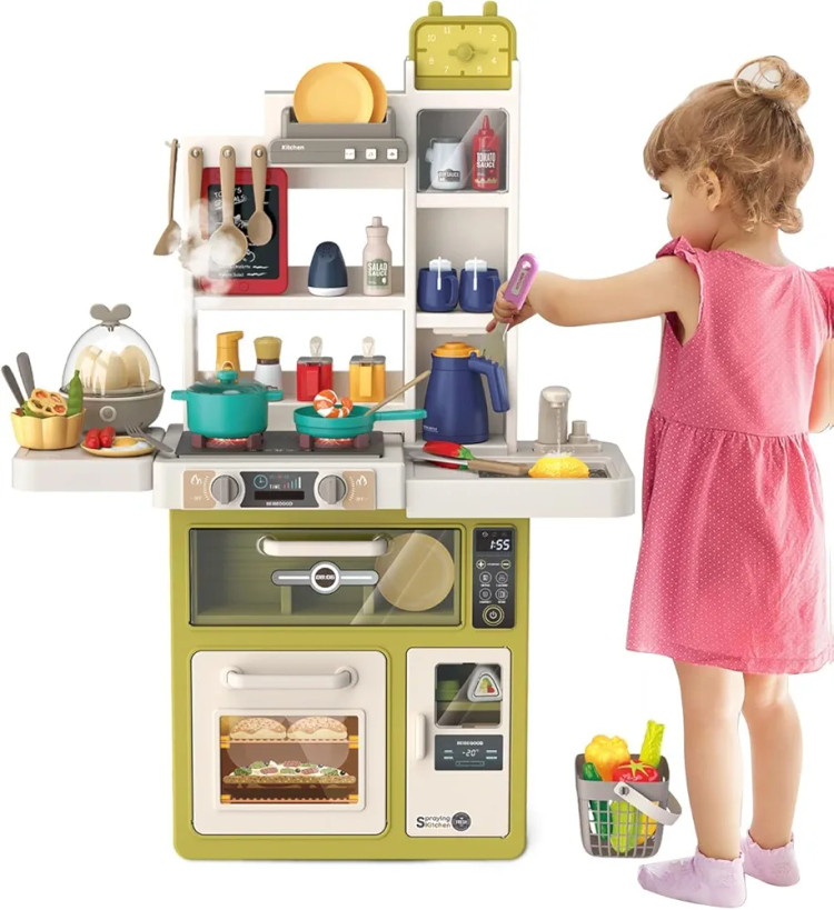 ست اسباببازی آشپزخانه مدل 889-235 شامل اجاق گاز، سینک، ظروف آشپزی، لیوان، بشقاب، قاشق و چنگال