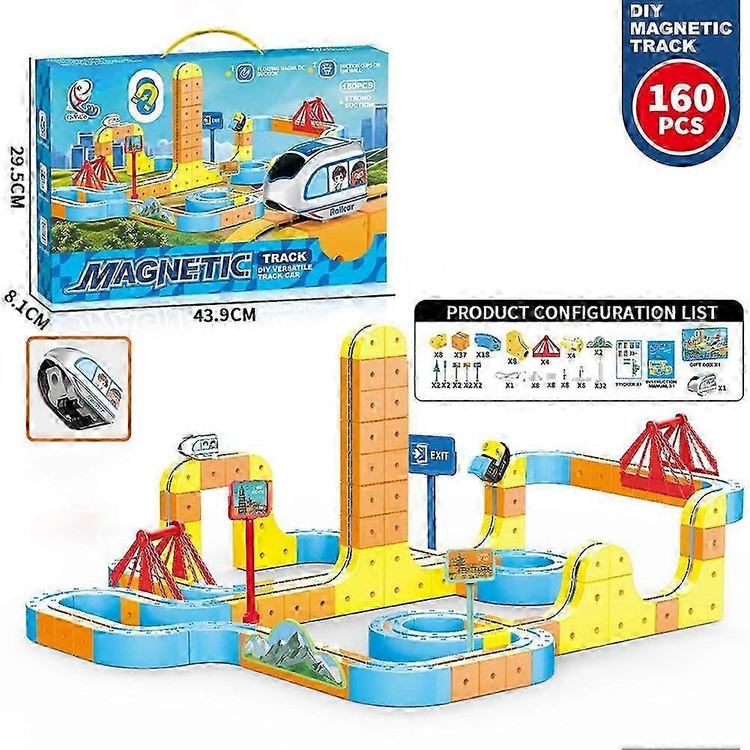 ست قطار ریلی مگنتی با مسیرهای آهنربایی و قطعات رنگی؛ مناسب ساختوساز و بازی خلاقانه کودکان.