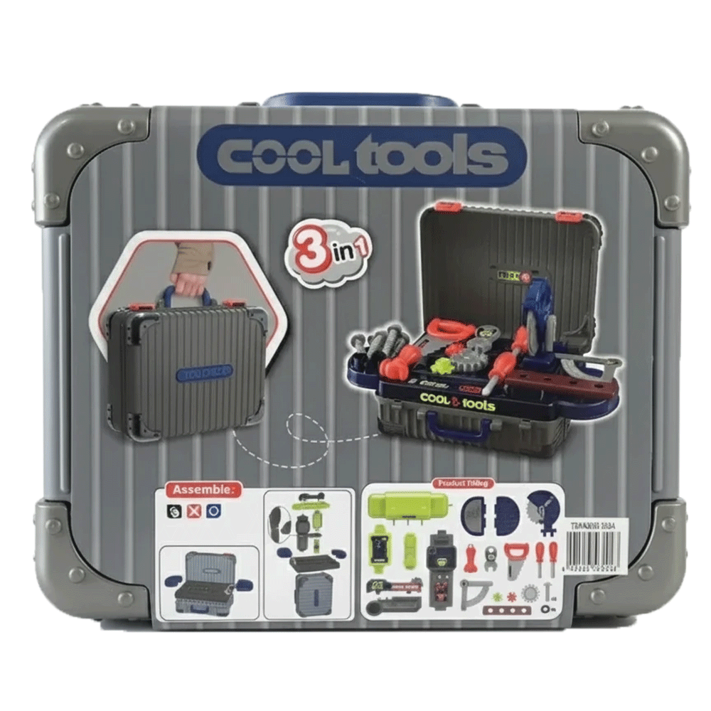 ست ابزار اسباببازی چمدانی COOL Tools مدل 3in1 کد 302A-008؛ میز کار و ابزار مهندسی قابل حمل مناسب کودکان.