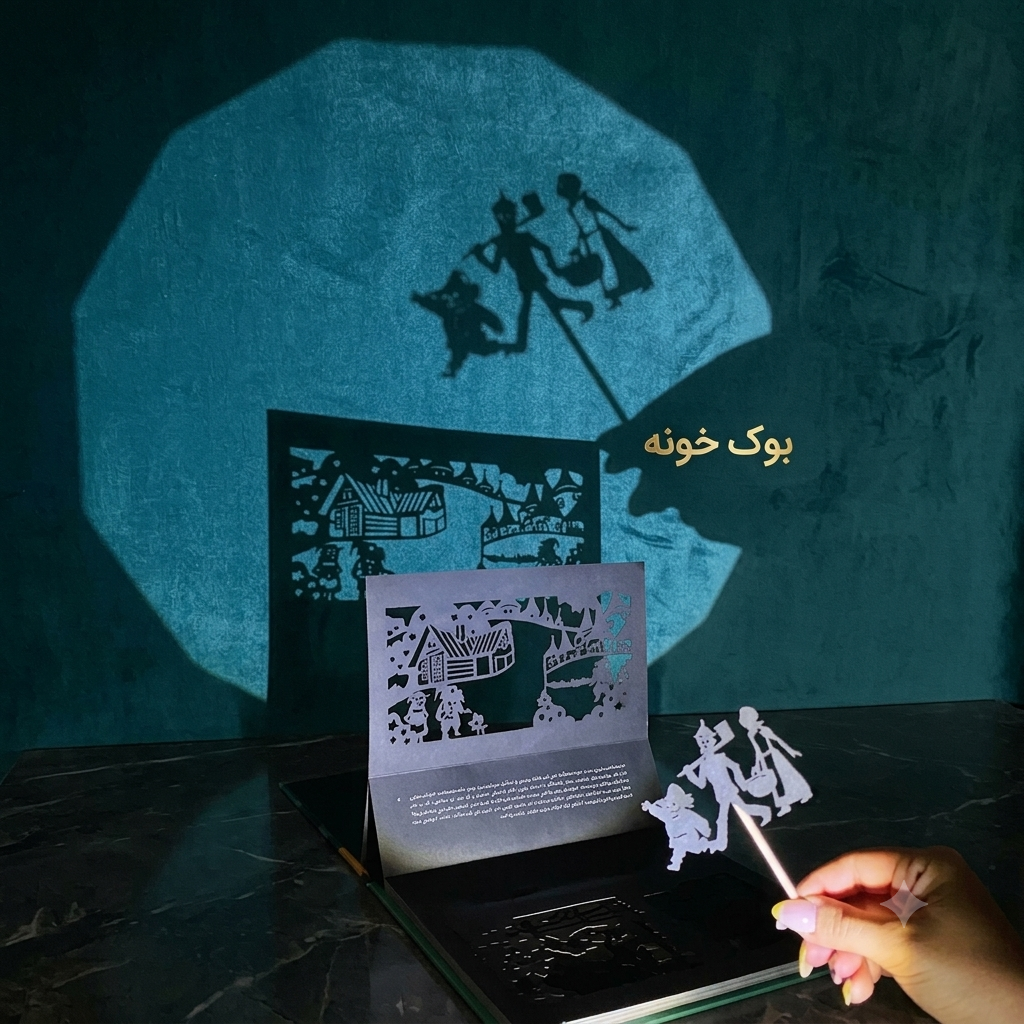 کتاب سایه سازی جادوگر شهر اوز به همراه چراغ قوه؛ مجموعه کتاب داستان فانتزی همراه با چراغ قوه و عروسکهای سایهبازی مناسب کودکان.